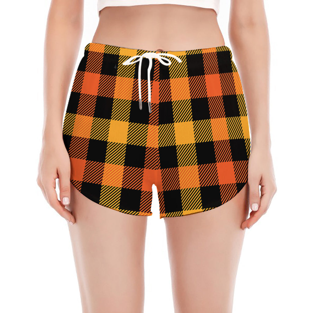 Orange And Black Buffalo Plaid Print Women's Split Running Shorts