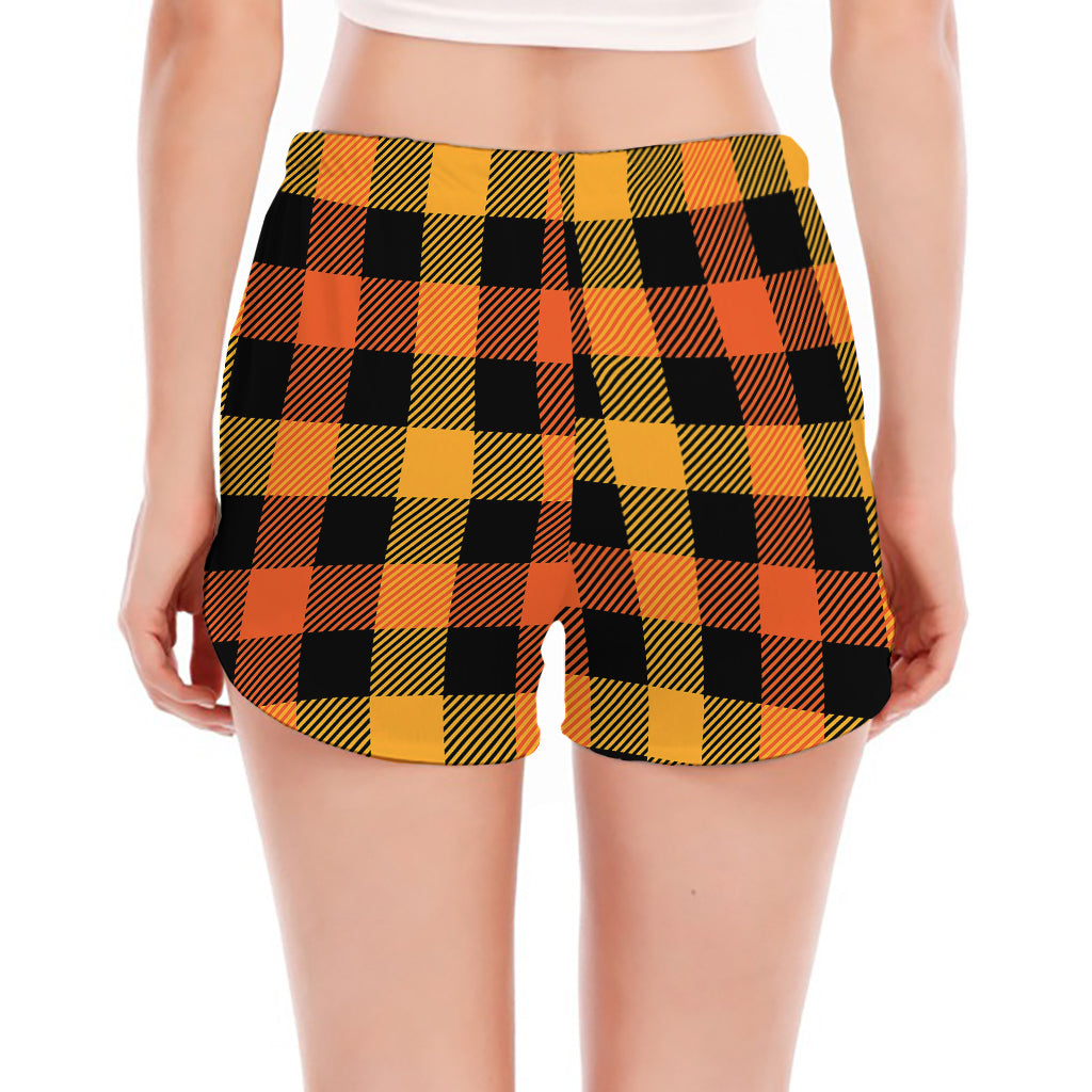 Orange And Black Buffalo Plaid Print Women's Split Running Shorts