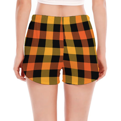 Orange And Black Buffalo Plaid Print Women's Split Running Shorts