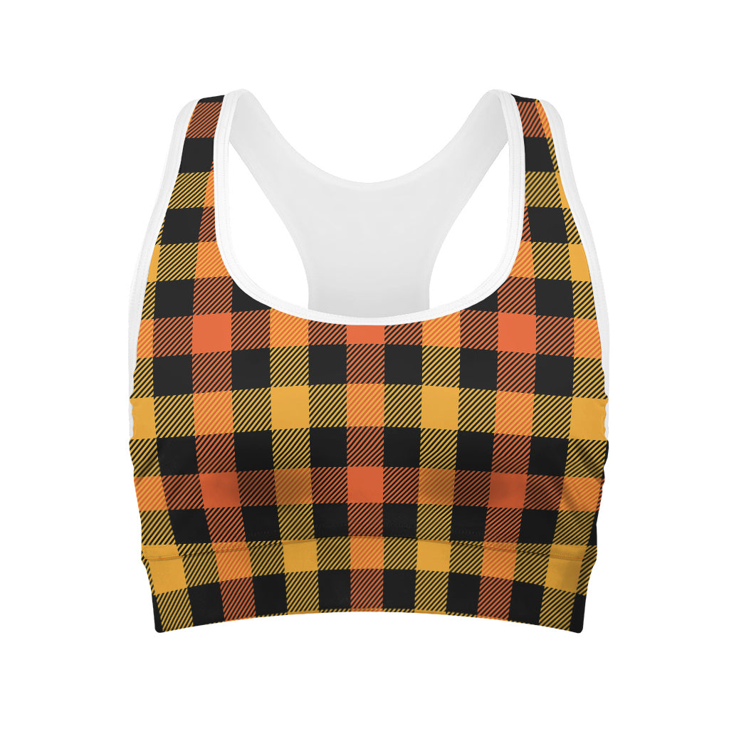 Orange And Black Buffalo Plaid Print Women's Sports Bra