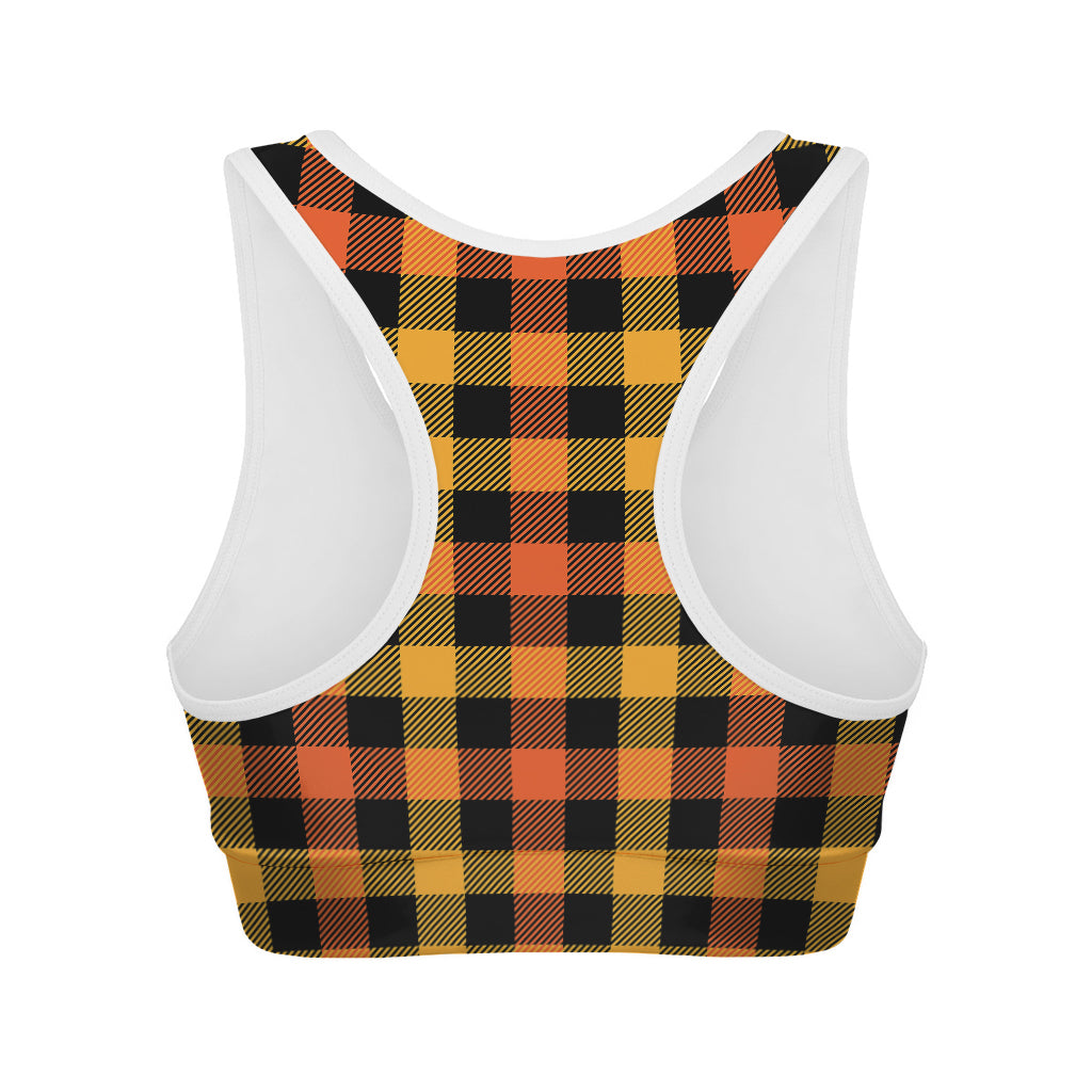 Orange And Black Buffalo Plaid Print Women's Sports Bra