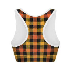 Orange And Black Buffalo Plaid Print Women's Sports Bra