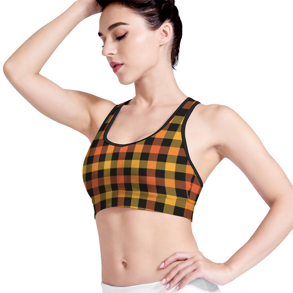 Orange And Black Buffalo Plaid Print Women's Sports Bra