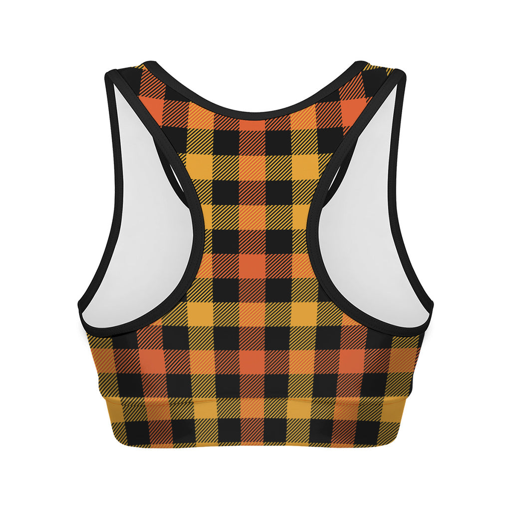 Orange And Black Buffalo Plaid Print Women's Sports Bra