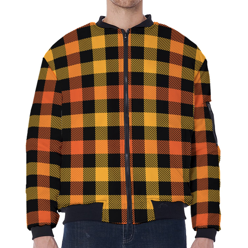 Orange And Black Buffalo Plaid Print Zip Sleeve Bomber Jacket