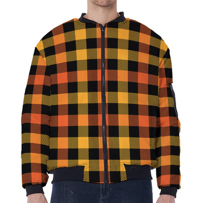 Orange And Black Buffalo Plaid Print Zip Sleeve Bomber Jacket