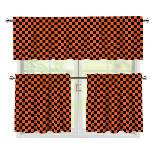 Orange And Black Checkered Pattern Print 3 Piece Kitchen Curtains