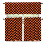 Orange And Black Checkered Pattern Print 3 Piece Kitchen Curtains