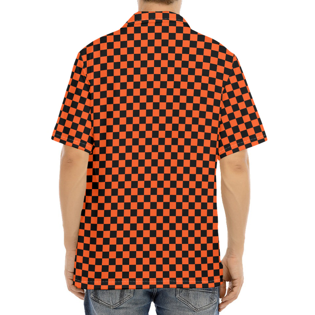 Orange And Black Checkered Pattern Print Aloha Shirt