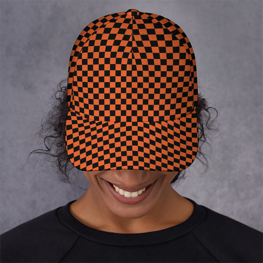 Orange And Black Checkered Pattern Print Baseball Cap