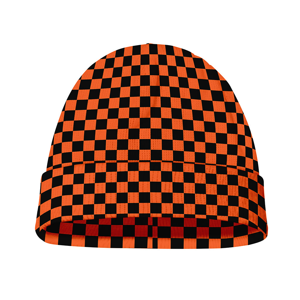 Orange And Black Checkered Pattern Print Beanie
