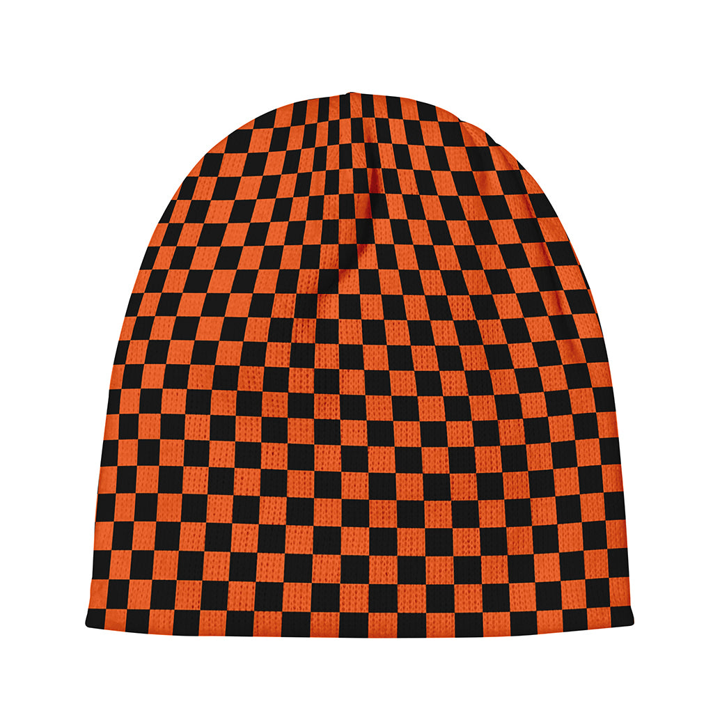 Orange And Black Checkered Pattern Print Beanie