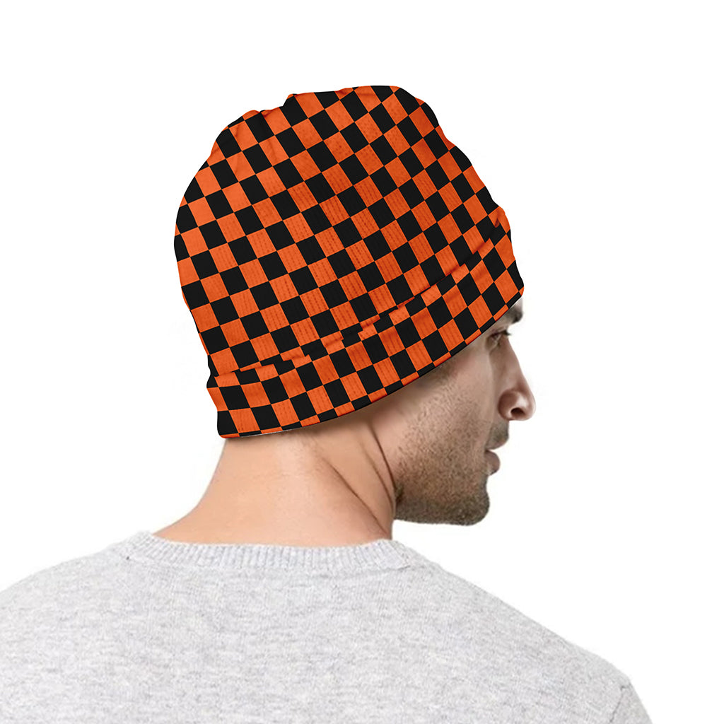Orange And Black Checkered Pattern Print Beanie