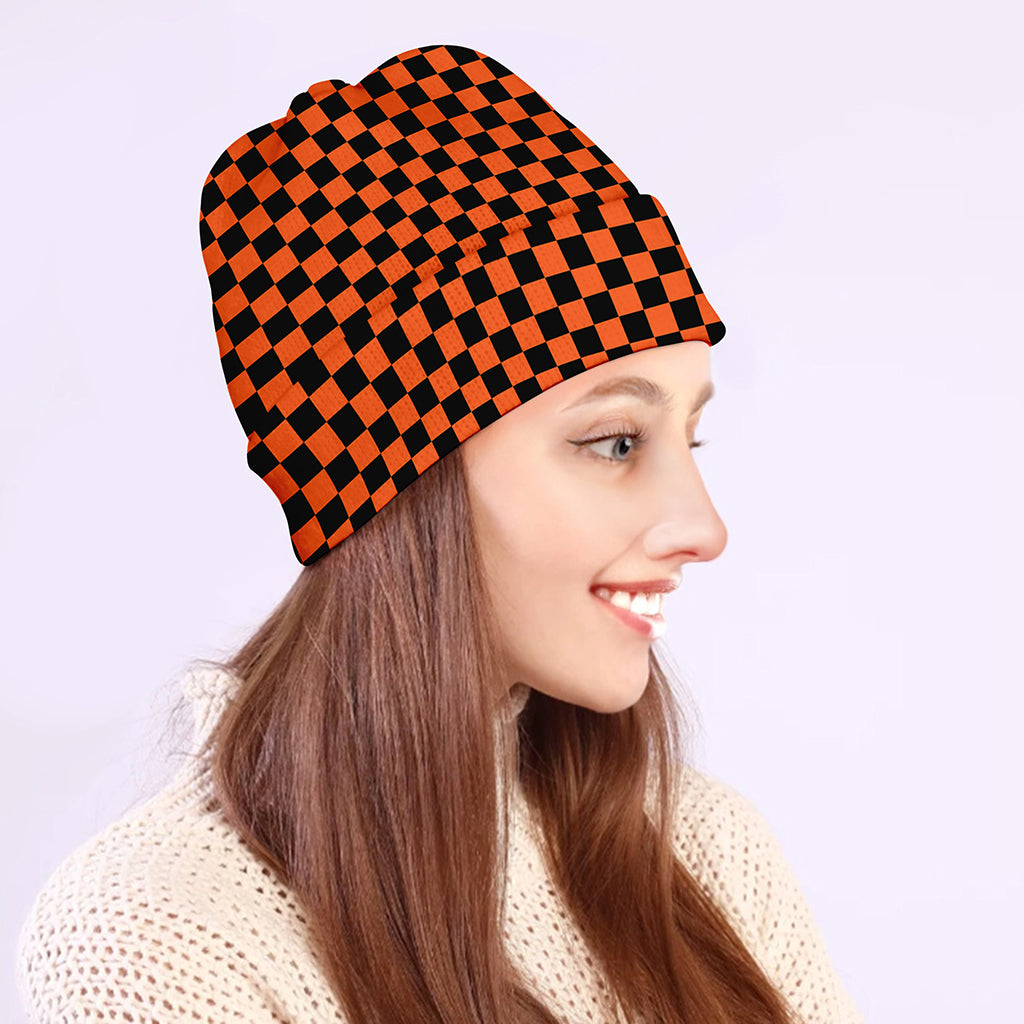 Orange And Black Checkered Pattern Print Beanie