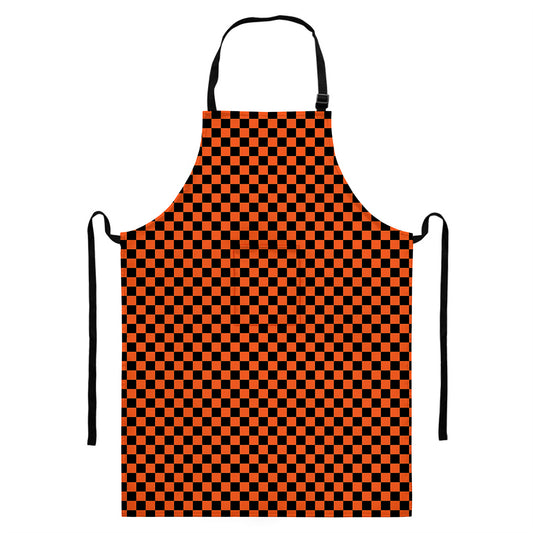 Orange And Black Checkered Pattern Print Bib Apron With Pocket