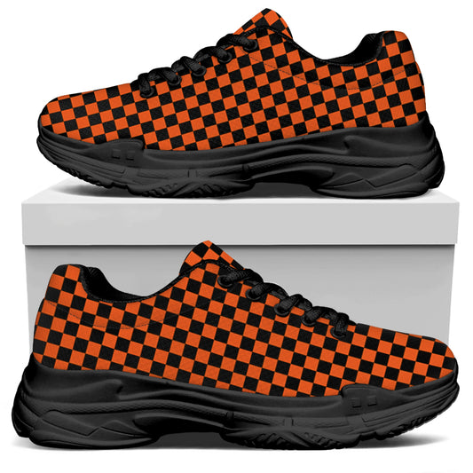Orange And Black Checkered Pattern Print Black Chunky Shoes