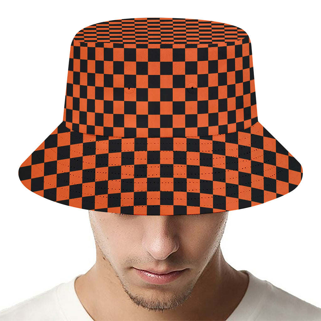 Orange And Black Checkered Pattern Print Bucket Hat