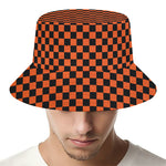 Orange And Black Checkered Pattern Print Bucket Hat