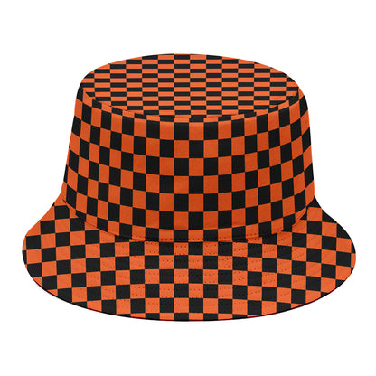 Orange And Black Checkered Pattern Print Bucket Hat