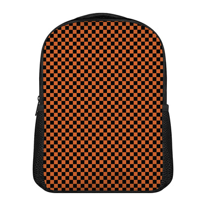 Orange And Black Checkered Pattern Print Casual Backpack