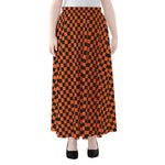 Orange And Black Checkered Pattern Print Chiffon Maxi Skirt