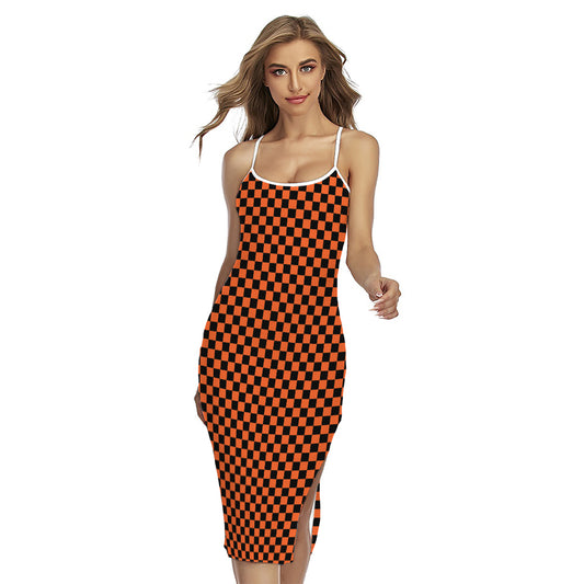 Orange And Black Checkered Pattern Print Cross Back Cami Dress