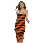 Orange And Black Checkered Pattern Print Cross Back Cami Dress