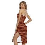 Orange And Black Checkered Pattern Print Cross Back Cami Dress
