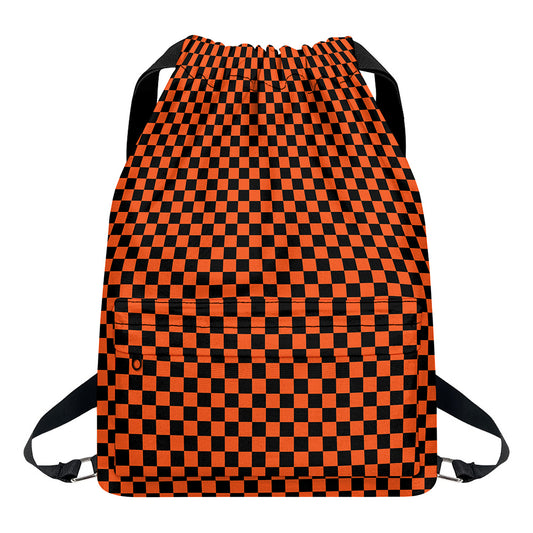 Orange And Black Checkered Pattern Print Drawstring Backpack