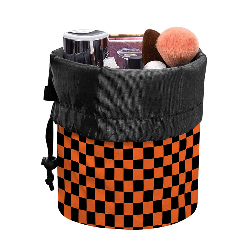 Orange And Black Checkered Pattern Print Drawstring Makeup Bag