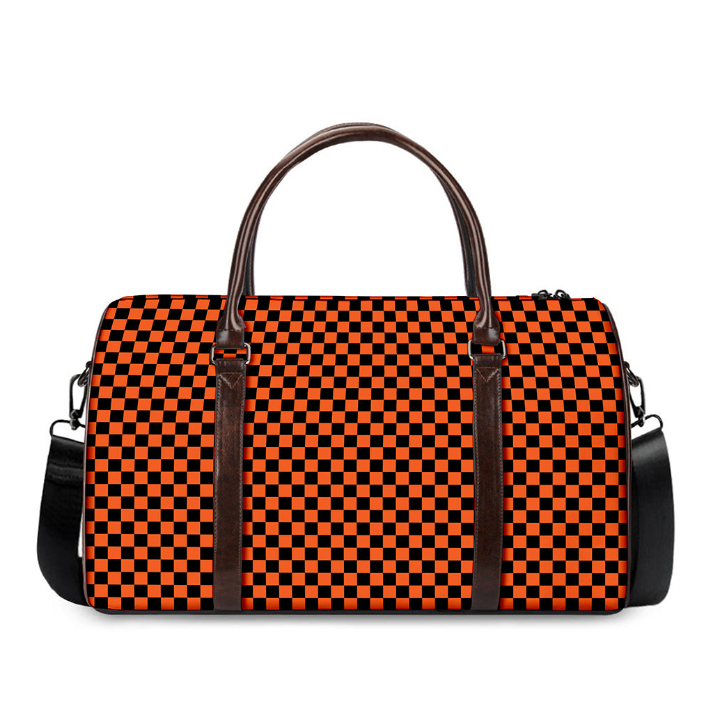 Orange And Black Checkered Pattern Print Duffle Bag