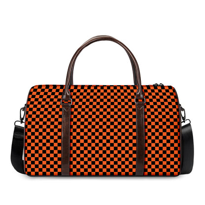 Orange And Black Checkered Pattern Print Duffle Bag