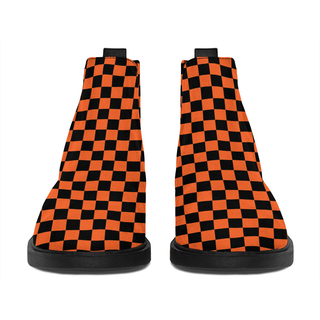 Orange And Black Checkered Pattern Print Flat Ankle Boots