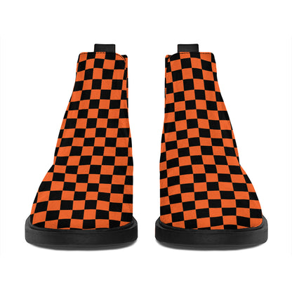 Orange And Black Checkered Pattern Print Flat Ankle Boots