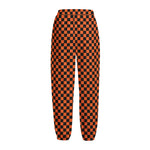 Orange And Black Checkered Pattern Print Fleece Lined Knit Pants