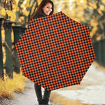 Orange And Black Checkered Pattern Print Foldable Umbrella