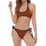 Orange And Black Checkered Pattern Print Halter Scoop Tie Side Bikini