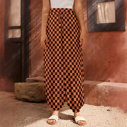 Orange And Black Checkered Pattern Print Harem Pants