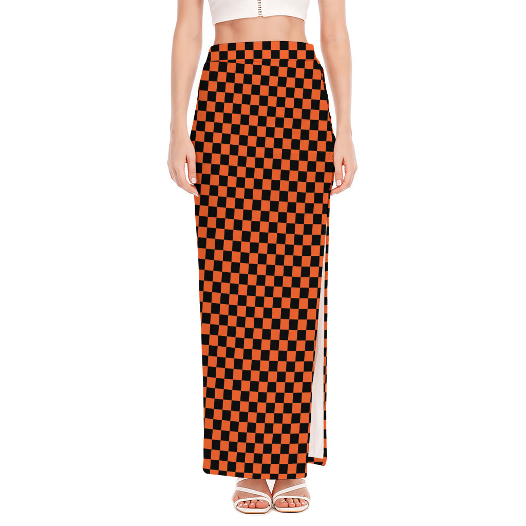 Orange And Black Checkered Pattern Print High Slit Maxi Skirt