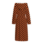 Orange And Black Checkered Pattern Print Hooded Bathrobe