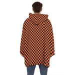 Orange And Black Checkered Pattern Print Hoodie Blanket