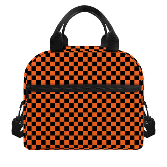 Orange And Black Checkered Pattern Print Insulated Lunch Bag