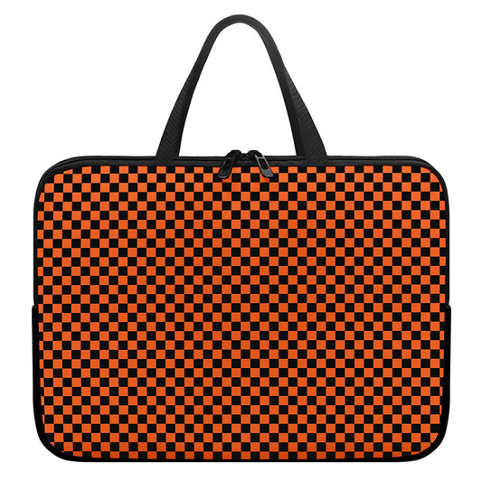 Orange And Black Checkered Pattern Print Laptop Sleeve With Handle