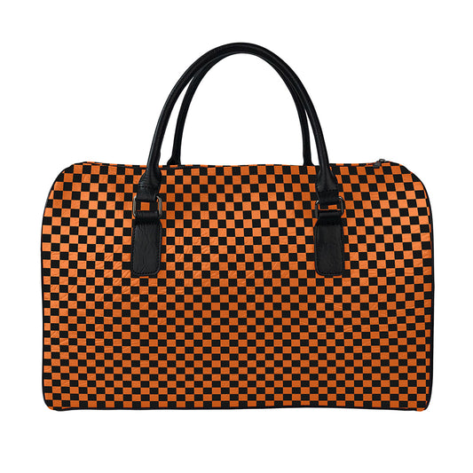 Orange And Black Checkered Pattern Print Leather Duffle Bag