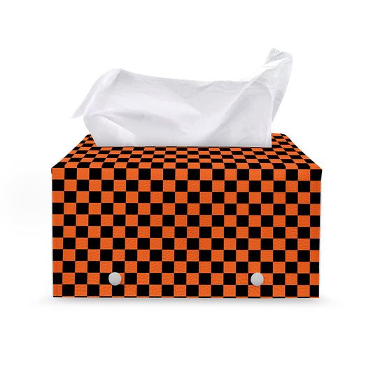 Orange And Black Checkered Pattern Print Leather Tissue Box Cover