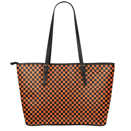 Orange And Black Checkered Pattern Print Leather Tote Bag