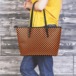 Orange And Black Checkered Pattern Print Leather Tote Bag