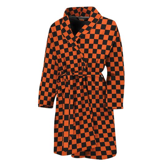 Orange And Black Checkered Pattern Print Men's Bathrobe