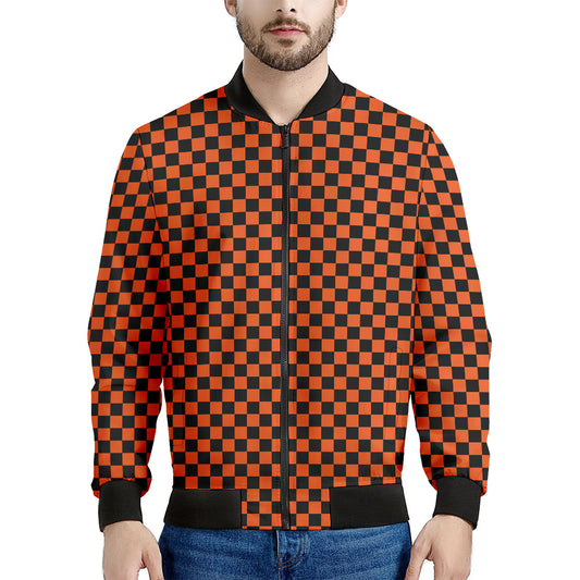 Orange And Black Checkered Pattern Print Men's Bomber Jacket