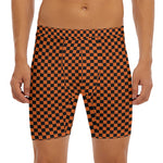 Orange And Black Checkered Pattern Print Men's Long Boxer Briefs